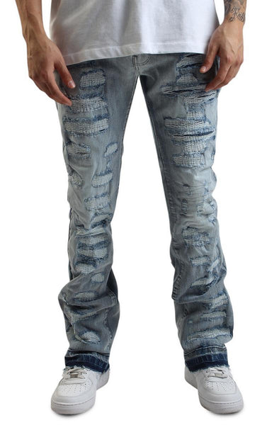 Front View Jacques Shredded Stacked Jeans