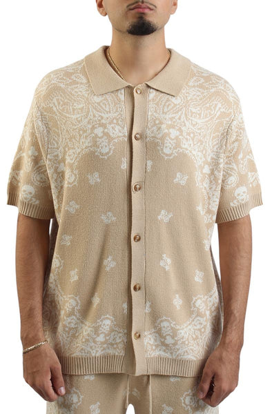 Front View Paisley Knit Button-up Shirt