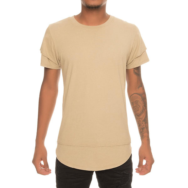 Front View Double Layer Raw Edge Tee Sand