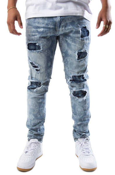 Front View Paris Paisley Print Ripped Jeans